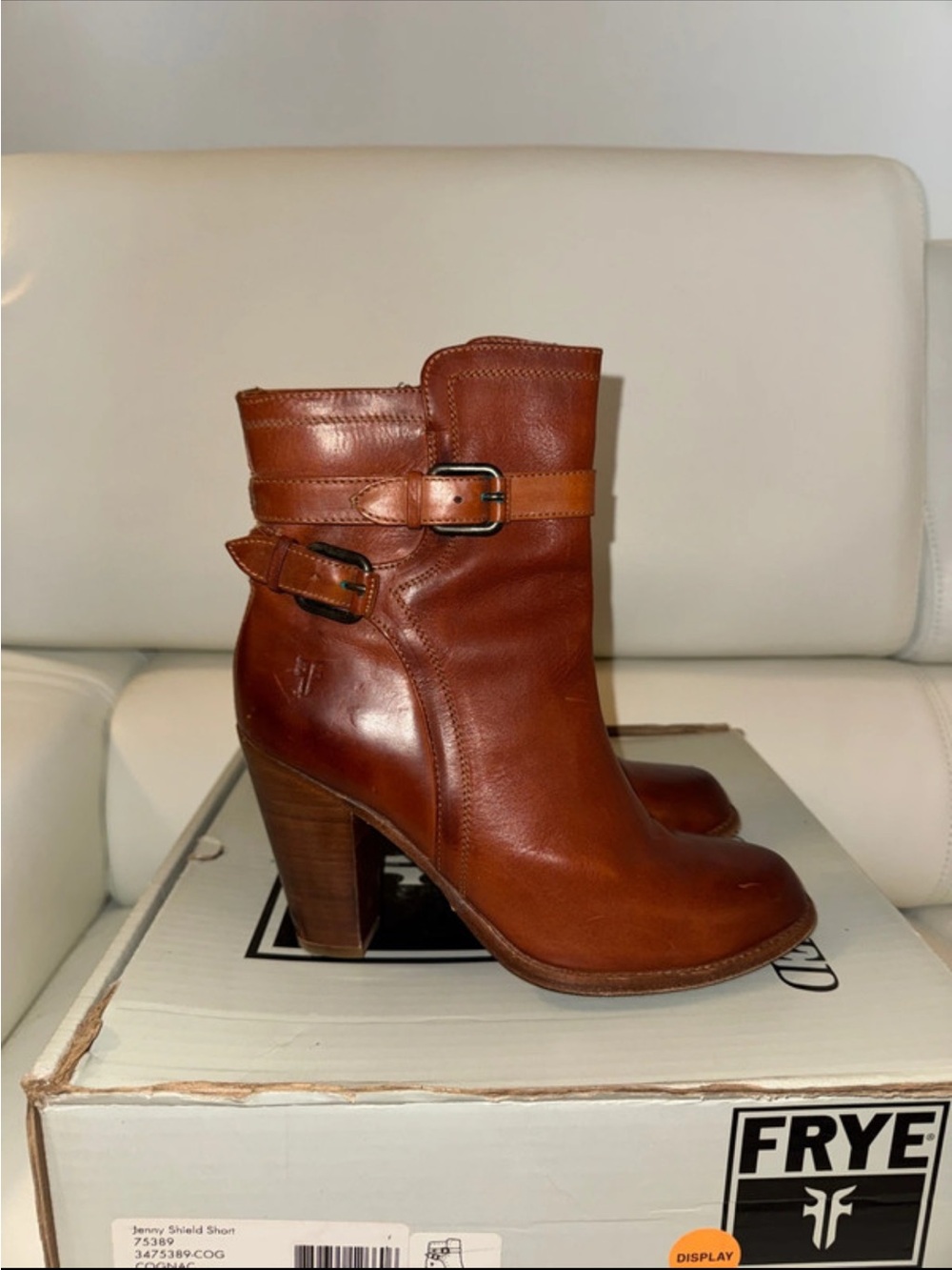 FRYE COGNAC LEATHER BUCKLE ANKLE BOOTS